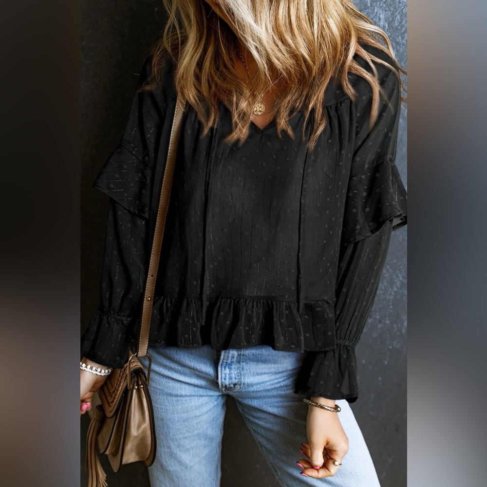 Swiss Dot Tie Neck Flounce Sleeve Blouse